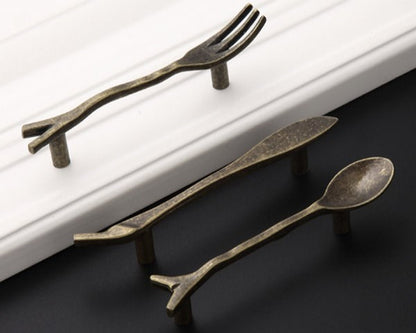 3" Cutlery Kitchen Cabinet Door Handle, Spoon Fork Knife, Antique Bronze Silver