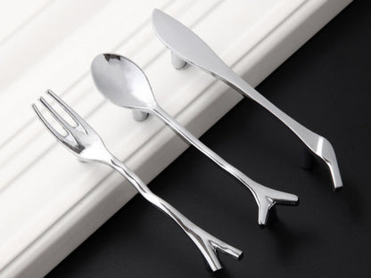 3" Cutlery Kitchen Cabinet Door Handle, Spoon Fork Knife, Antique Bronze Silver