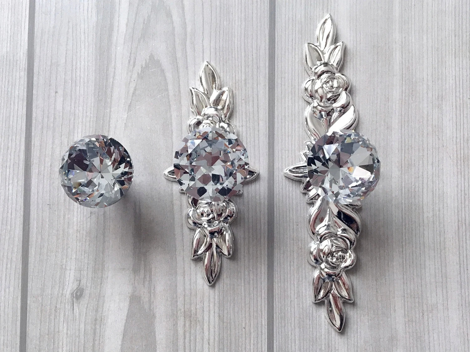 Crystal Drawer Knob Floral Backplate Silver Clear