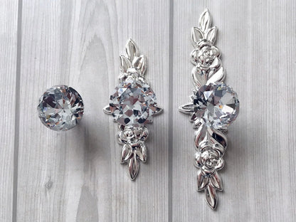 Crystal Drawer Knob Floral Backplate Silver Clear