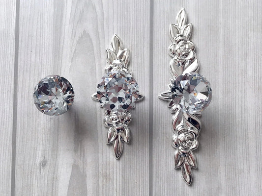 Crystal Drawer Knob Floral Backplate Silver Clear
