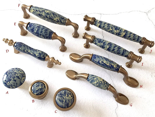 Poignées de tiroir en porcelaine bleue et blanche de 7,6 cm, 9,5 cm, 12,7 cm, style oriental, style chinois