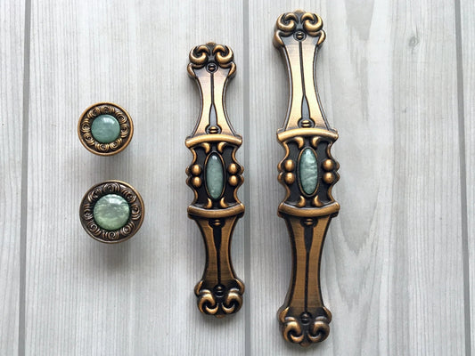 Green Resin Cabinet Pulls, Antique Brass Drawer Handles, Victorian Kitchen Hardware