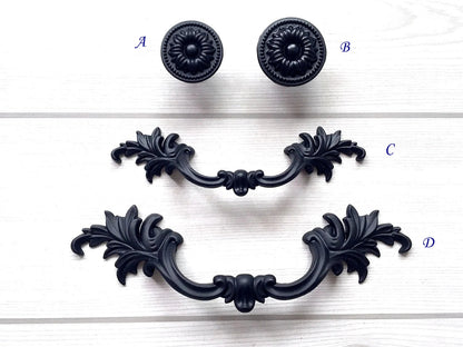 3" 3.75" Centers Black Leafy Drawer Pulls, Floral Knob, Vintage Shabby Chic