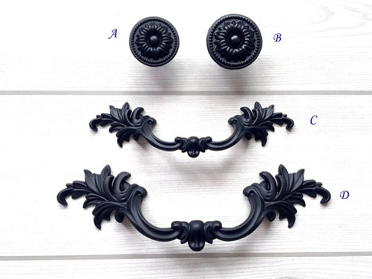 3" 3.75" Centers Black Leafy Drawer Pulls, Floral Knob, Vintage Shabby Chic