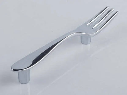 polished silver fork-shaped kitchen cabinet handle with 3-inch centers