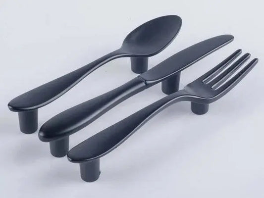 black tableware-shaped kitchen pulls with 76 mm hole spacing