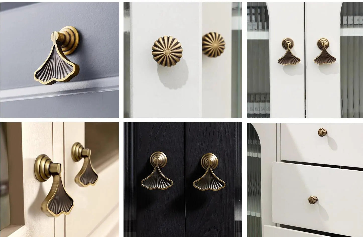 Collection of various antique gold brass cabinet knobs on different door finishes.
