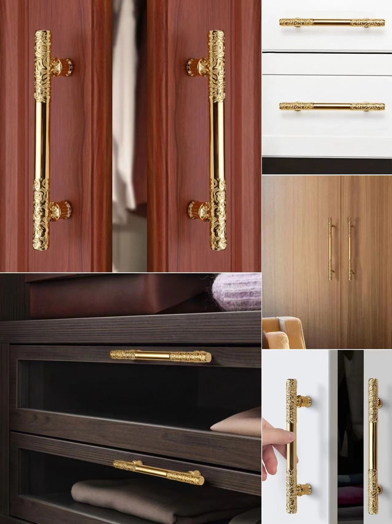 Poignées de tiroir en or poli Poignées d'armoire de cuisine luxueuses avec motif en relief