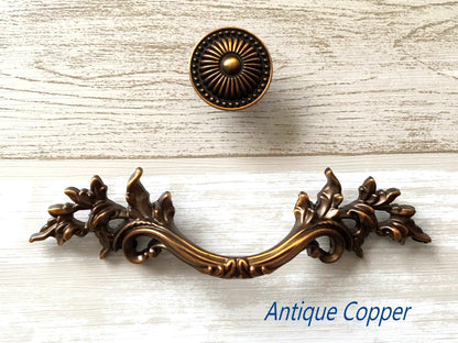 3" Centers Leafy Drawer Pulls, French Provincial, Antique Bronze Silver Copper