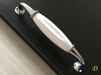 Porcelain Cabinet Pull White Silver 128 mm