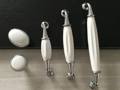 Porcelain Cabinet Pulls Handles White Silver