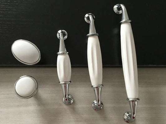 Porcelain Cabinet Pulls Handles White Silver