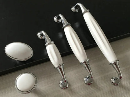 Porcelain Cabinet Pulls White Silver