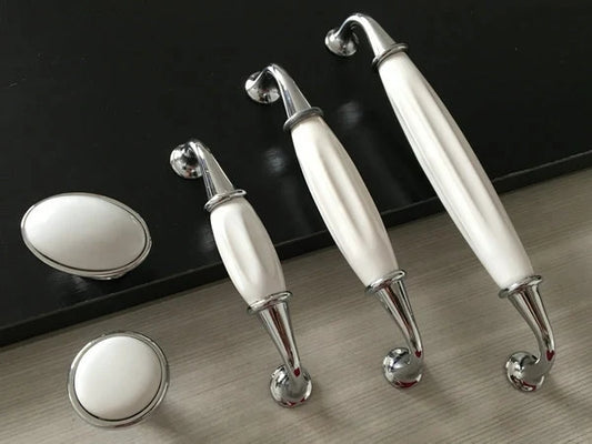 Porcelain Cabinet Pulls White Silver
