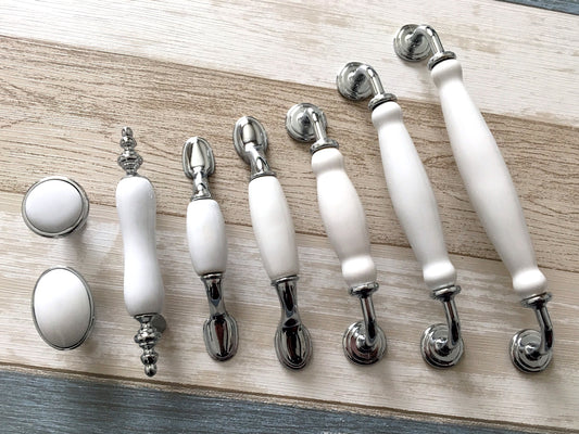porcelain drawer pulls Lynns Hardware White Silver