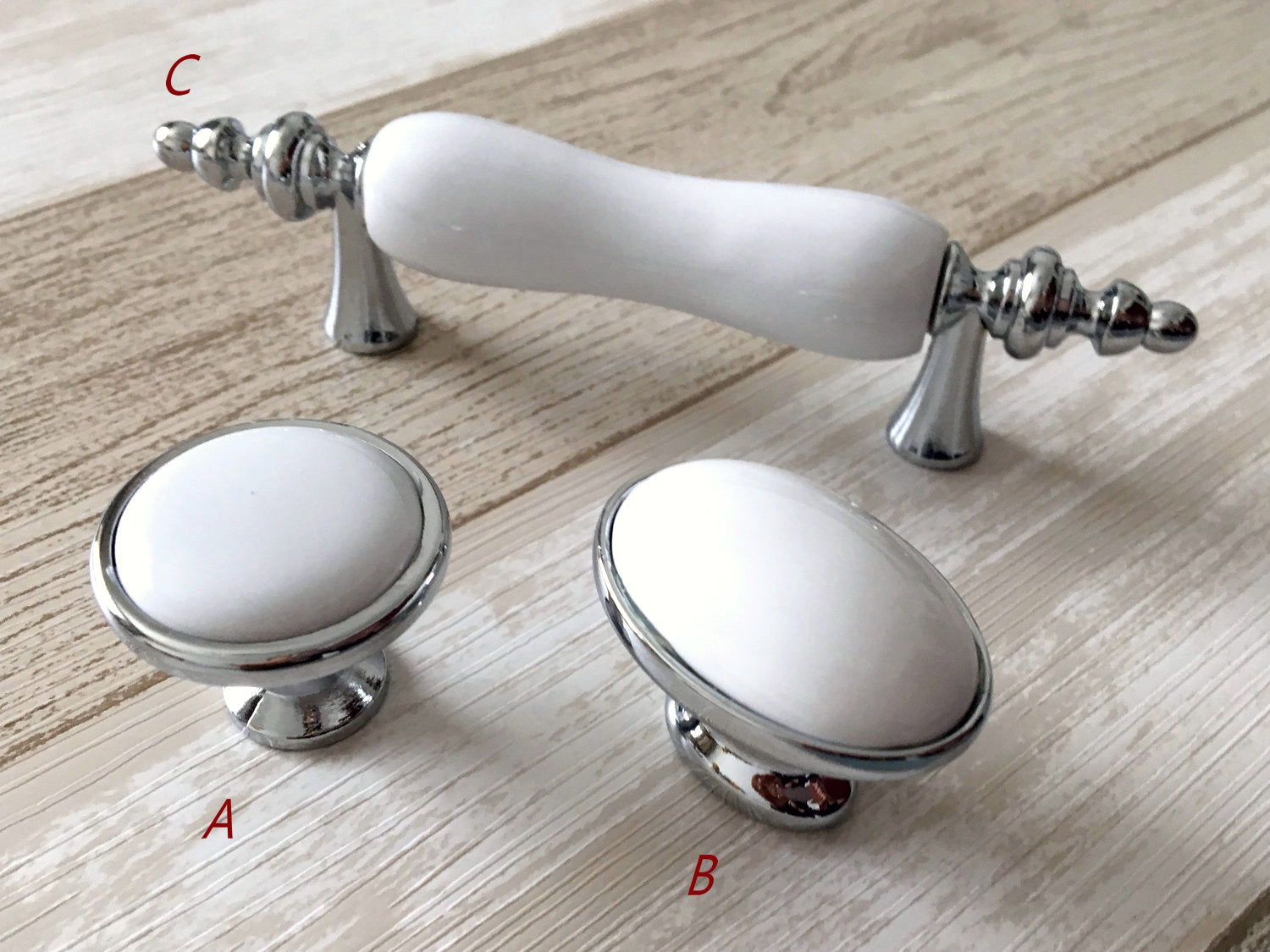 Porcelain drawer Knobs and 3 inch handles 76 mm centers
