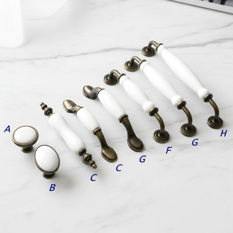 White Porcelain Antique Bronze Drawer Handles - 76 96 128 160 192 mm