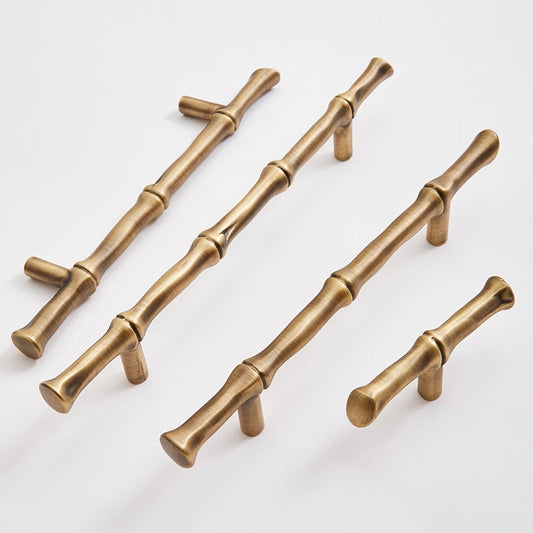 Vintage Look Bamboo Cabinet Pulls, Solid Brass, Polished Brass / Chrome / Antique Bronze