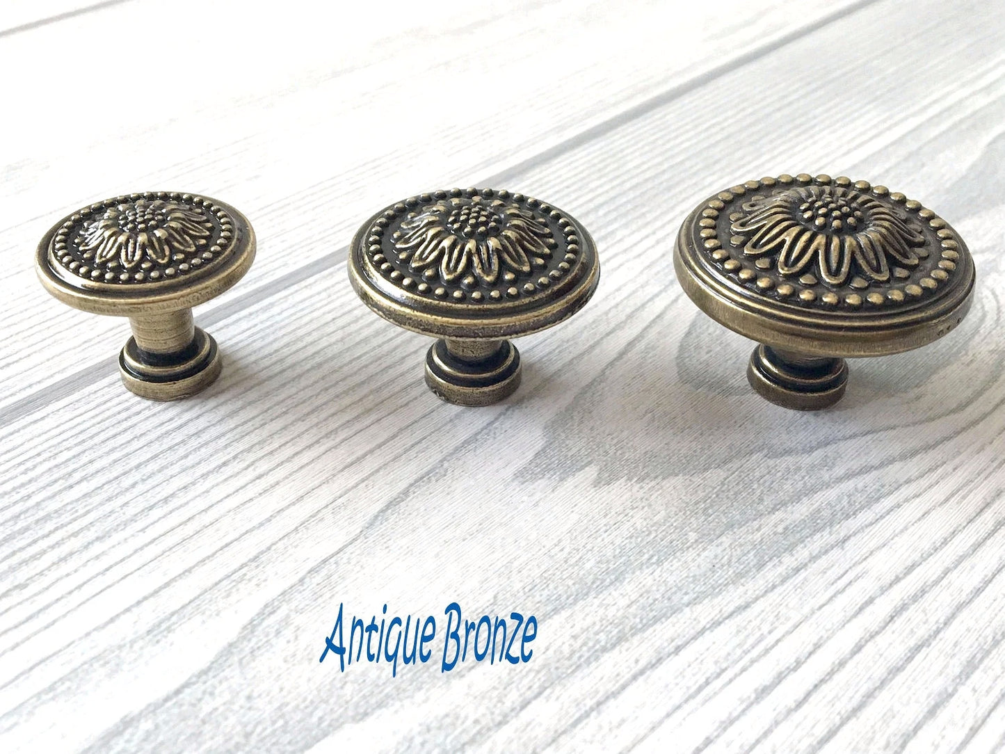 Shabby Chic Sunflower Drawer Pull, Floral Cabinet Knob, Antique Silver Bronze White Gold Copper Black