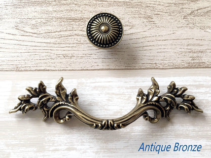 3" Centers Leafy Drawer Pulls, French Provincial, Antique Bronze Silver Copper