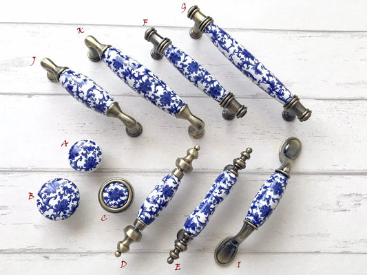 Poignées de tiroir en porcelaine de 7,6 cm, 9,5 cm, 12,7 cm, bleu et blanc