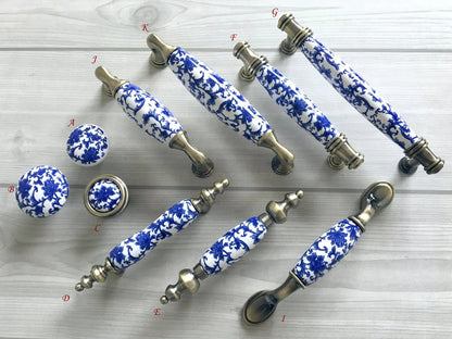 Poignées de tiroir et d'armoire bleu et blanc pour meubles chinois